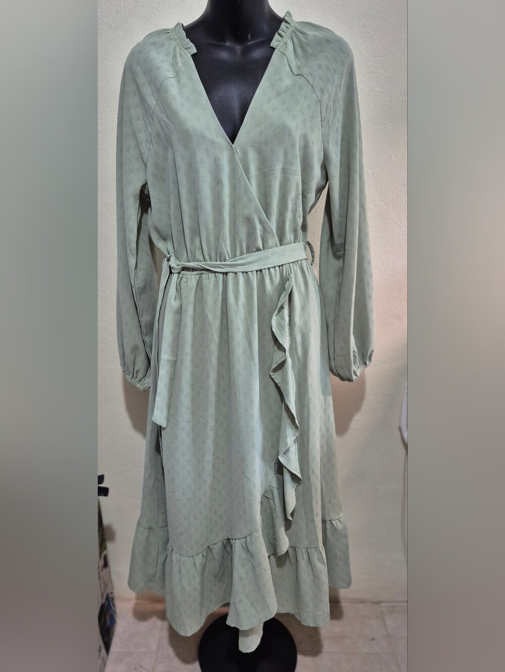 Sage Green Long-Sleeve Wrap Midi Dress with Ruffle Detail